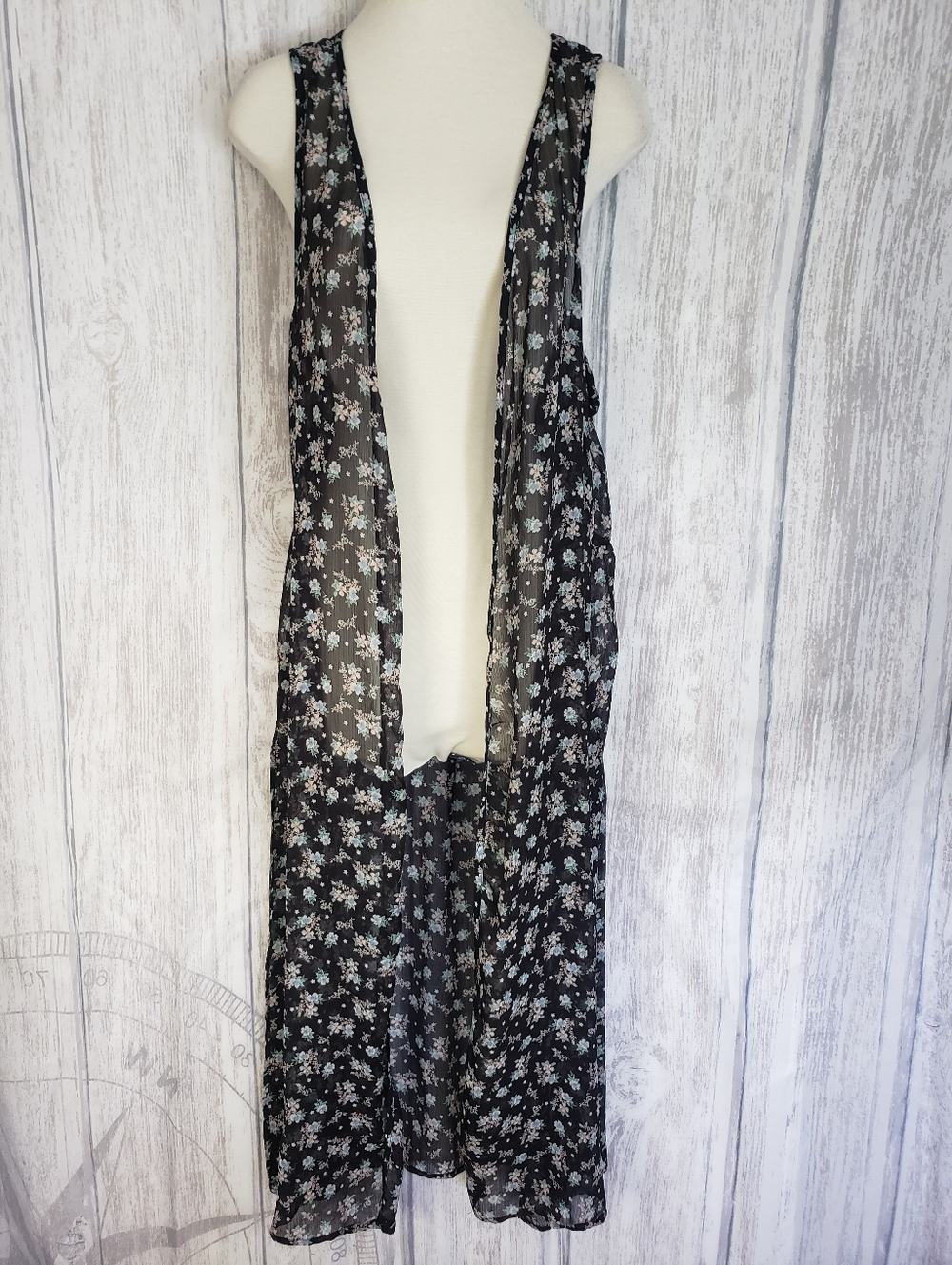h.i.p. Black Floral Sheer Duster Vest USA Y2K Boho Festival Whimsigoth Large